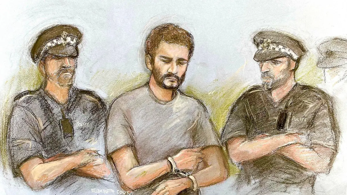 Thomas Cashman court case. Court artist sketch by Elizabeth Cook of Thomas Cashman appearing in the dock at Liverpool Magistrates' Court, where he is accused of killing nine-year-old Olivia Pratt-Korbel, who died after she was shot in the chest at her home in Liverpool. Cashman has also been charged with the attempted murders of Olivia's mother, Cheryl Korbel, 46, who was injured during the incident, and convicted burglar Joseph Nee. Picture date: Monday October 3, 2022. Cashman faces two further counts of possessing a firearm to endanger life. A second man, Paul Russell, 40, of Snowberry Road, also in West Derby, has been charged with assisting an offender. See PA story COURTS KnottyAsh. Photo credit should read: Elizabeth Cook/PA Wire URN:69115664