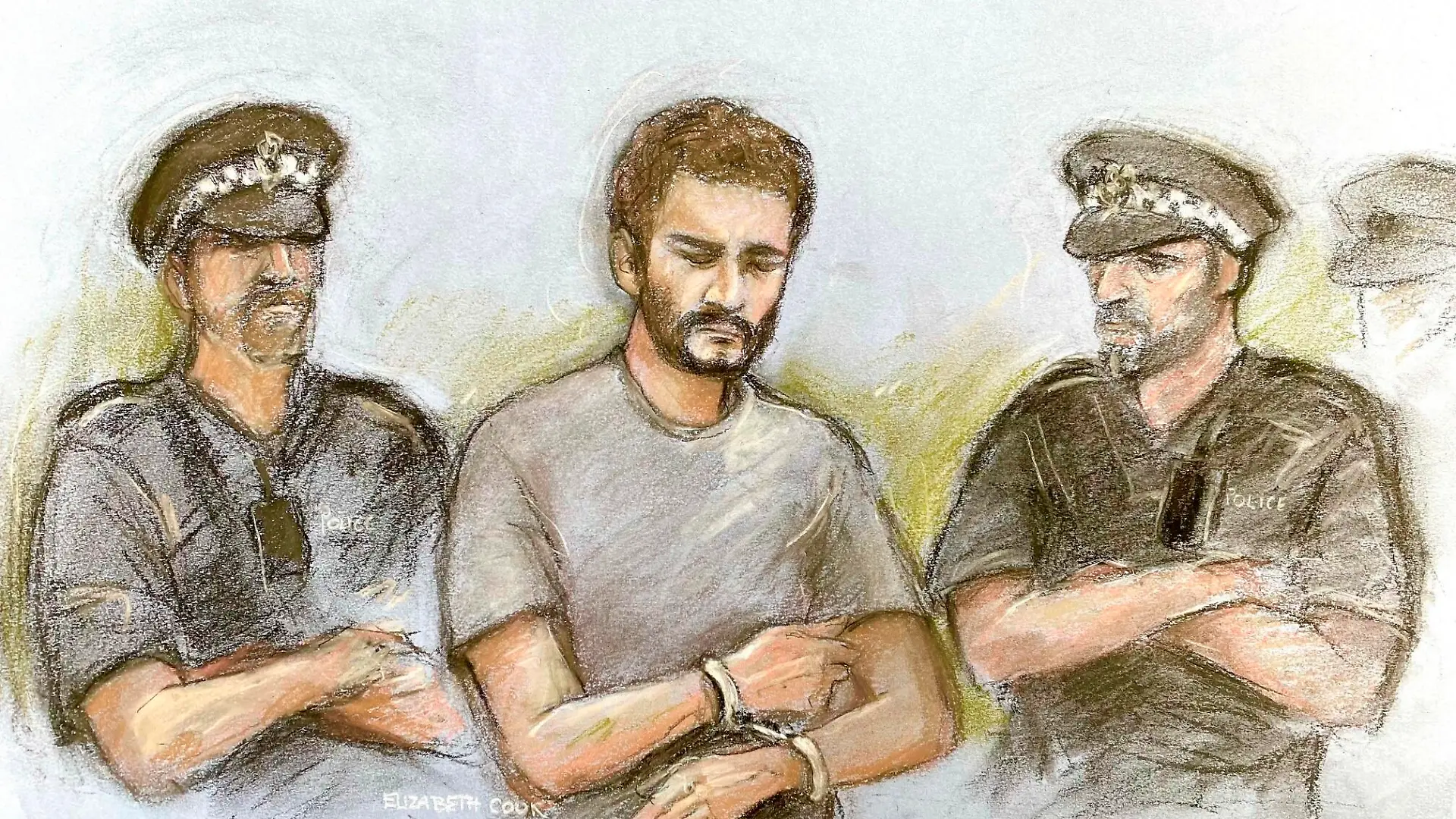 Thomas Cashman court case. Court artist sketch by Elizabeth Cook of Thomas Cashman appearing in the dock at Liverpool Magistrates' Court, where he is accused of killing nine-year-old Olivia Pratt-Korbel, who died after she was shot in the chest at her home in Liverpool. Cashman has also been charged with the attempted murders of Olivia's mother, Cheryl Korbel, 46, who was injured during the incident, and convicted burglar Joseph Nee. Picture date: Monday October 3, 2022. Cashman faces two further counts of possessing a firearm to endanger life. A second man, Paul Russell, 40, of Snowberry Road, also in West Derby, has been charged with assisting an offender. See PA story COURTS KnottyAsh. Photo credit should read: Elizabeth Cook/PA Wire URN:69115664