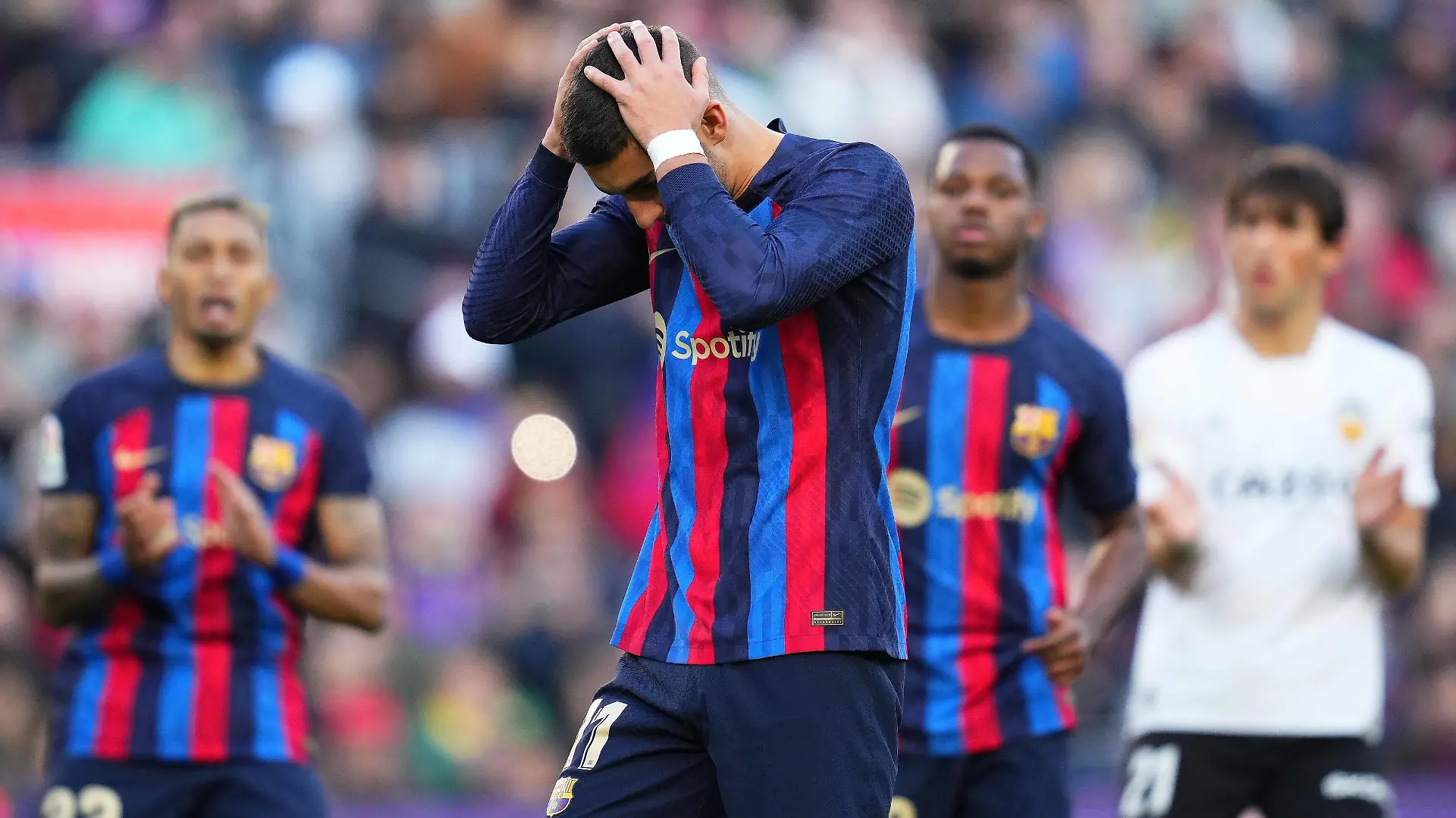 Mandatory Credit: Photo by Bagu Blanco/Pressinphoto/Shutterstock 13793568x Ferran Torres of FC Barcelona, Barca reacts after failing a penalty FC Barcelona v Valencia CF, La Liga, date 24. Football, Spotify Camp Nou Stadium, Barcelona, Spain - 05 Mar 2023 EDITORIAL USE ONLY No use with unauthorised audio, video, data, fixture lists outside the EU, club/league logos or live services. Online in-match use limited to 45 images 15 in extra time. No use to emulate moving images. No use in betting, games or single club/league/player publications/services. FC Barcelona v Valencia CF, La Liga, date 24. Football, Spotify Camp Nou Stadium, Barcelona, Spain - 05 Mar 2023 EDITORIAL USE ONLY No use with unauthorised audio, video, data, fixture lists outside the EU, club/league logos or live services. Online in-match use limited to 45 images 15 in extra time. No use to emulate moving images. No use in betting, games or PUBLICATIONxINxGERxSUIxAUTxHUNxGRExMLTxCYPxROUxBULxUAExKSAxONLY Copyright: xBaguxBlanco/Pressinphoto/Shutterstockx 13793568x