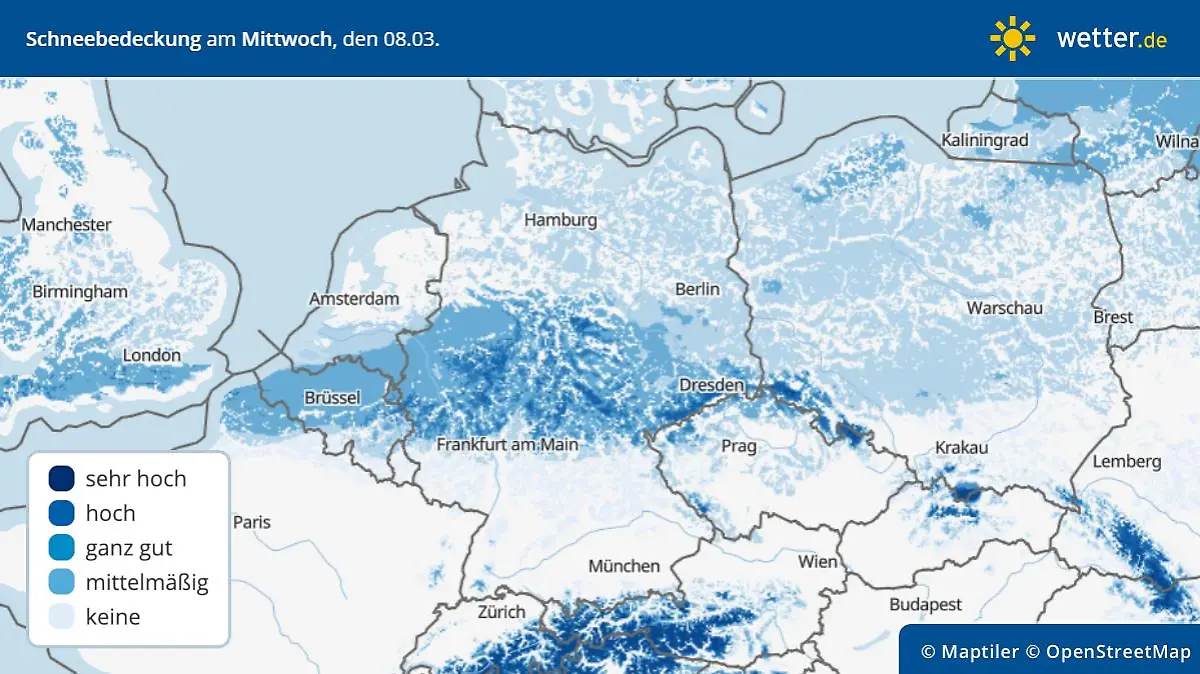 Die Grafik zeigt die Schneebedeckung am Mittwoch, 08.03.2023