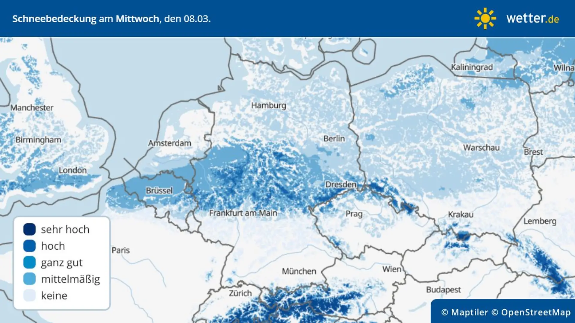 Die Grafik zeigt die Schneebedeckung am Mittwoch, 08.03.2023
