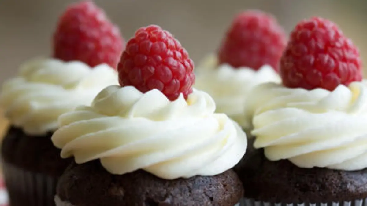 Chocolate cupcakes decorated with fresh cream and raspberries