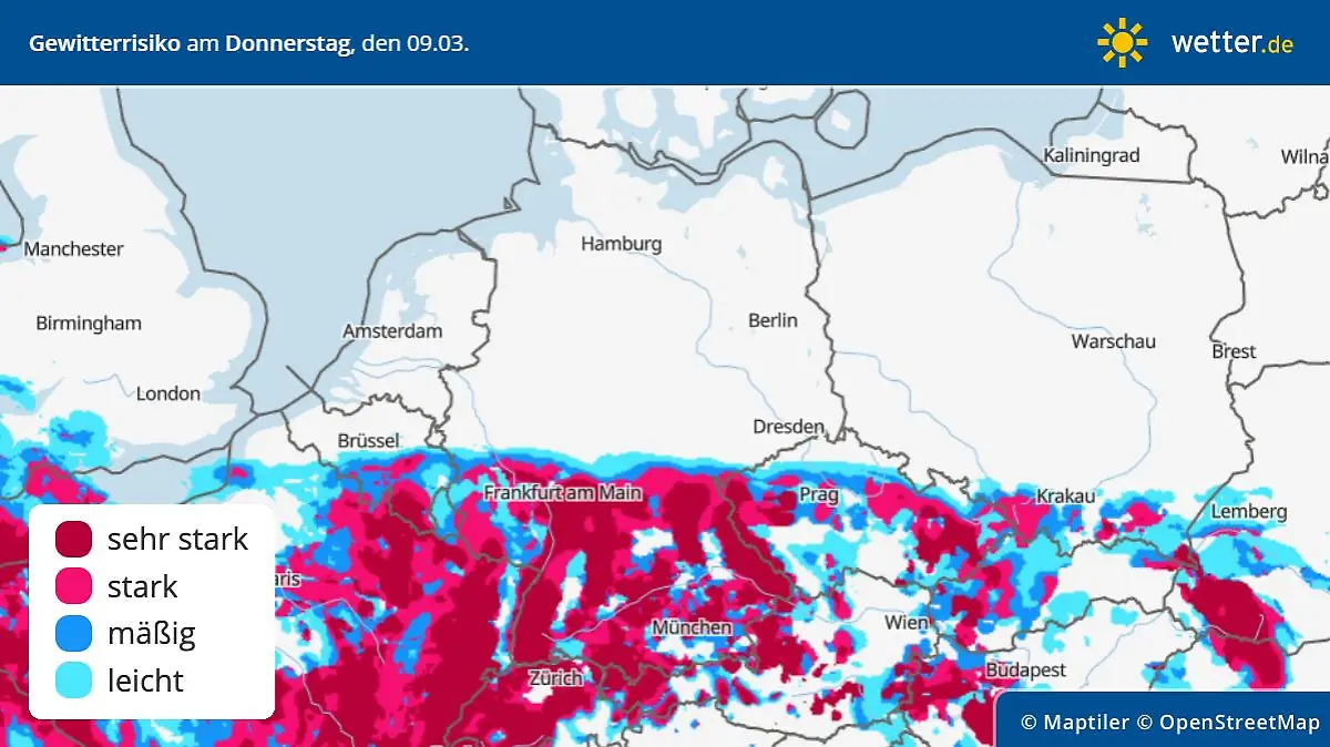 Die Grafik zeigt das Gewitterrisiko am Donnerstag, 09.03.2023
