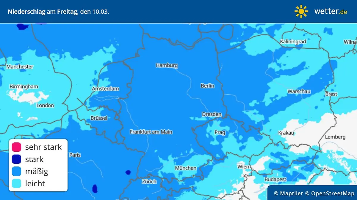 Die Grafik zeigt die Niederschläge am Freitag, 10.03.2023