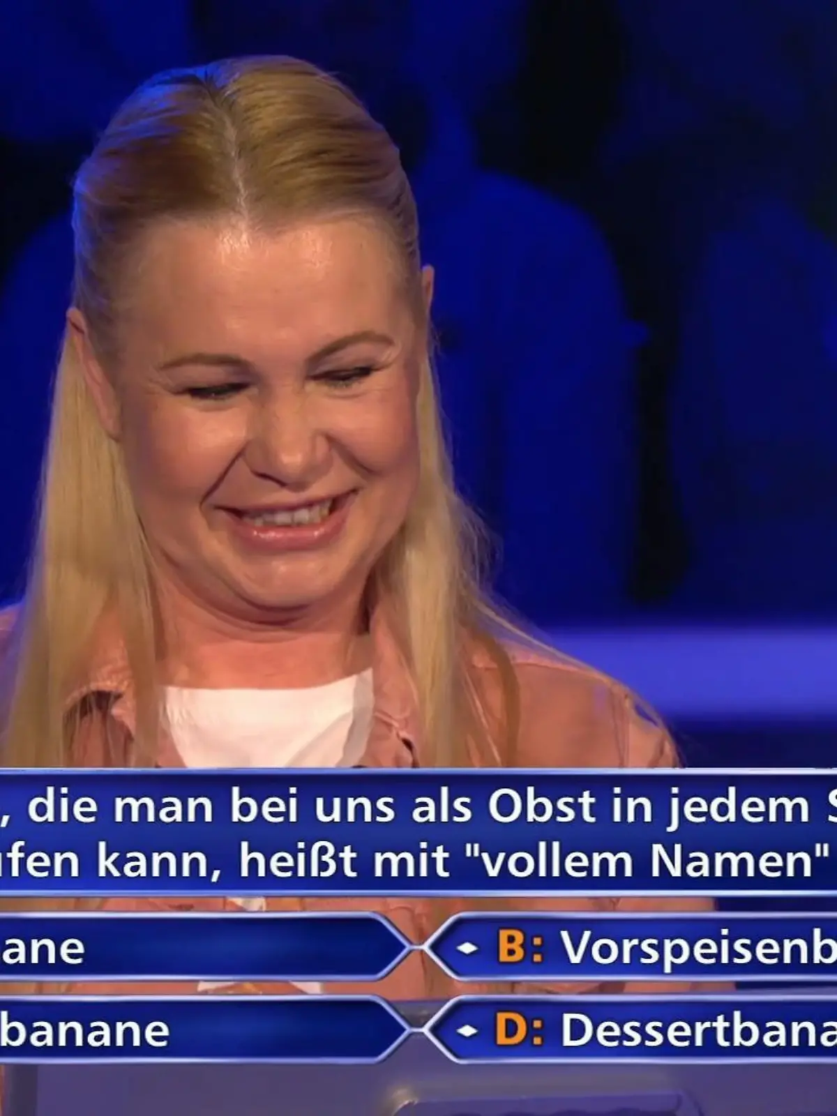 "Wer wird Millonär?"-Kandidatin Esther Gebhard kriegt es bei der 16.000 Euro-Frage mit einer Banane zu tun