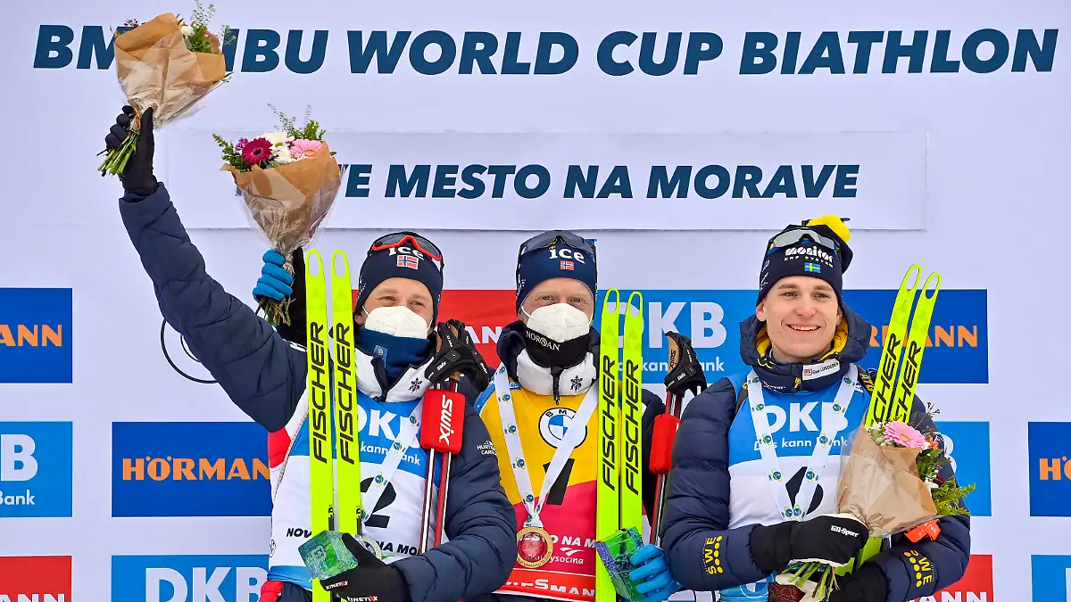 L-R Second placed Tarjei Boe of Norway, winner Johannes Thingnes Boe of Norway and Martin Ponsiluoma of Sweden during the medal ceremony after the men s Biathlon World Cup 12.5 km pursuit event in Nove Mesto na Morave, Czech Republic, March 4, 2023. CTKxPhoto/LubosxPavlicek CTKPhotoP2023030404155 PUBLICATIONxNOTxINxCZExSVK CTKPhotoP2023030404155