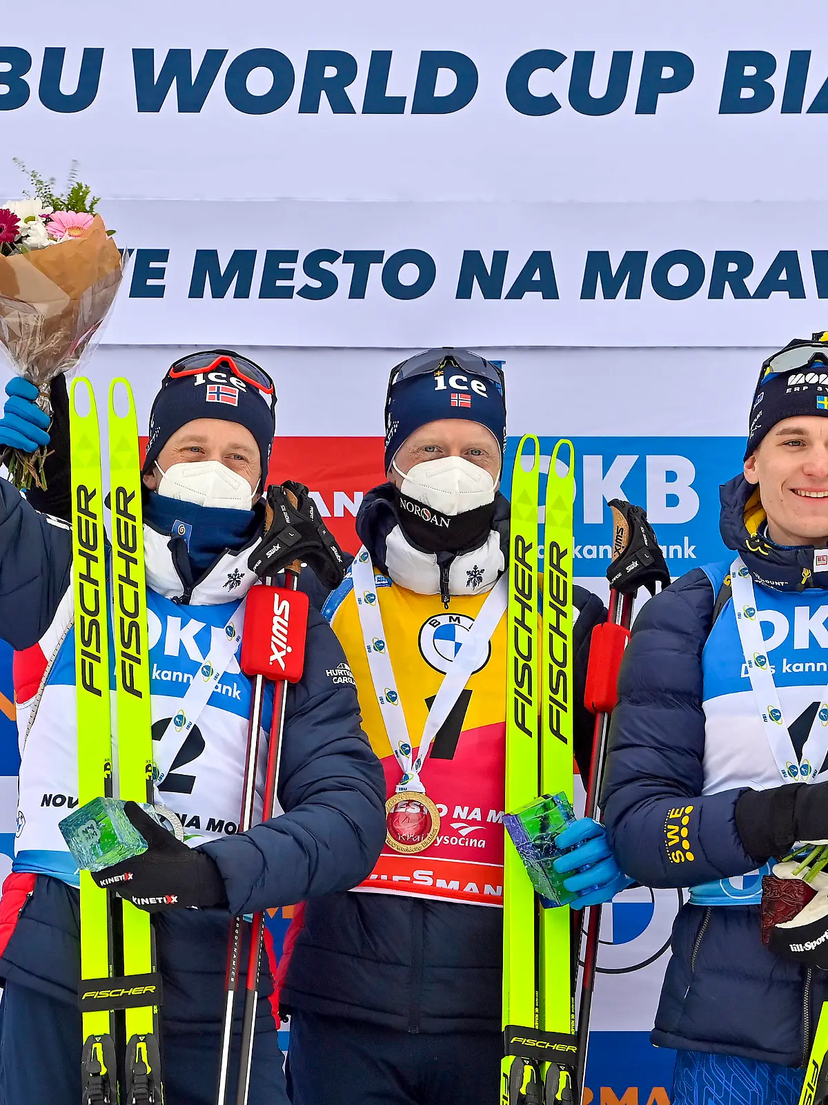 L-R Second placed Tarjei Boe of Norway, winner Johannes Thingnes Boe of Norway and Martin Ponsiluoma of Sweden during the medal ceremony after the men s Biathlon World Cup 12.5 km pursuit event in Nove Mesto na Morave, Czech Republic, March 4, 2023. CTKxPhoto/LubosxPavlicek CTKPhotoP2023030404155 PUBLICATIONxNOTxINxCZExSVK CTKPhotoP2023030404155