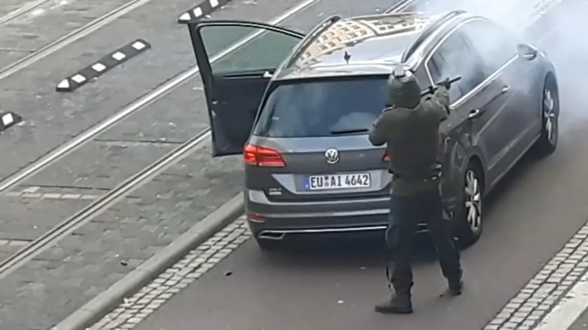 A screen grab taken from amateur video shows shooting in Halle, Germany, October 9, 2019. ATV STUDIO HALLE/REUTERS TV via REUTERS THIS IMAGE HAS BEEN SUPPLIED BY A THIRD PARTY.