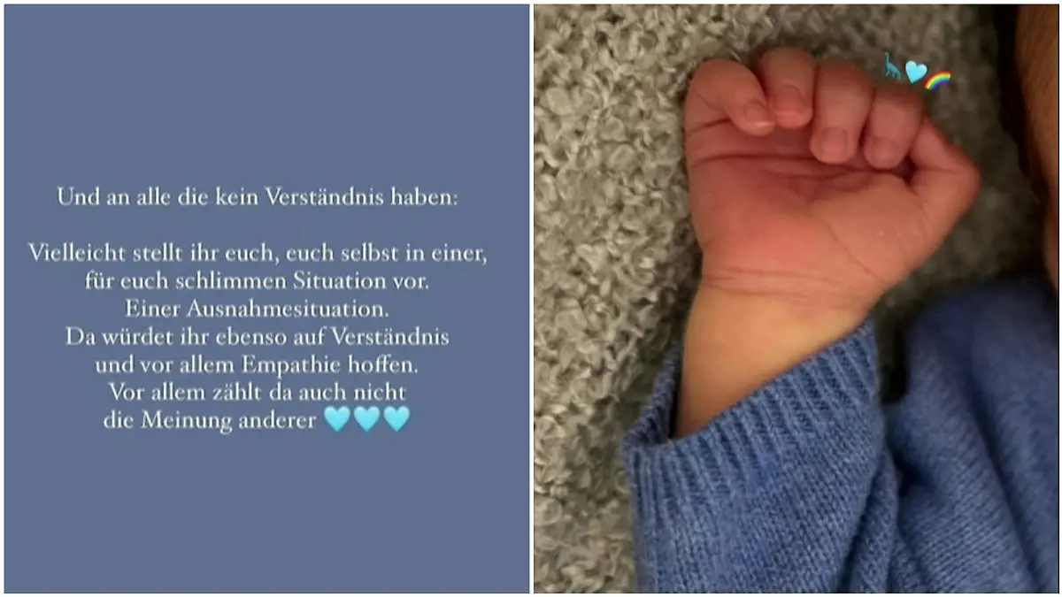 Textnachricht von Anna Adamyan und ein Foto, auf dem die Hand ihres Sohnes zu sehen ist.