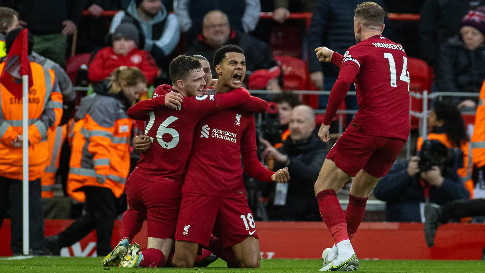 Football - FA Premier League - Liverpool FC v Manchester United, ManU FC LIVERPOOL, ENGLAND - Sunday, March 5, 2023: Liverpool s Cody Gakpo celebrates after scoring the opening goal during the FA Premier League match between Liverpool FC and Manchester United FC at Anfield. LIVERPOOL Anfield MERSEYSIDE ENGLAND PUBLICATIONxNOTxINxUK Copyright: xDavidxRawcliffex P2023-03-05-Liverpool_Man_Utd-26