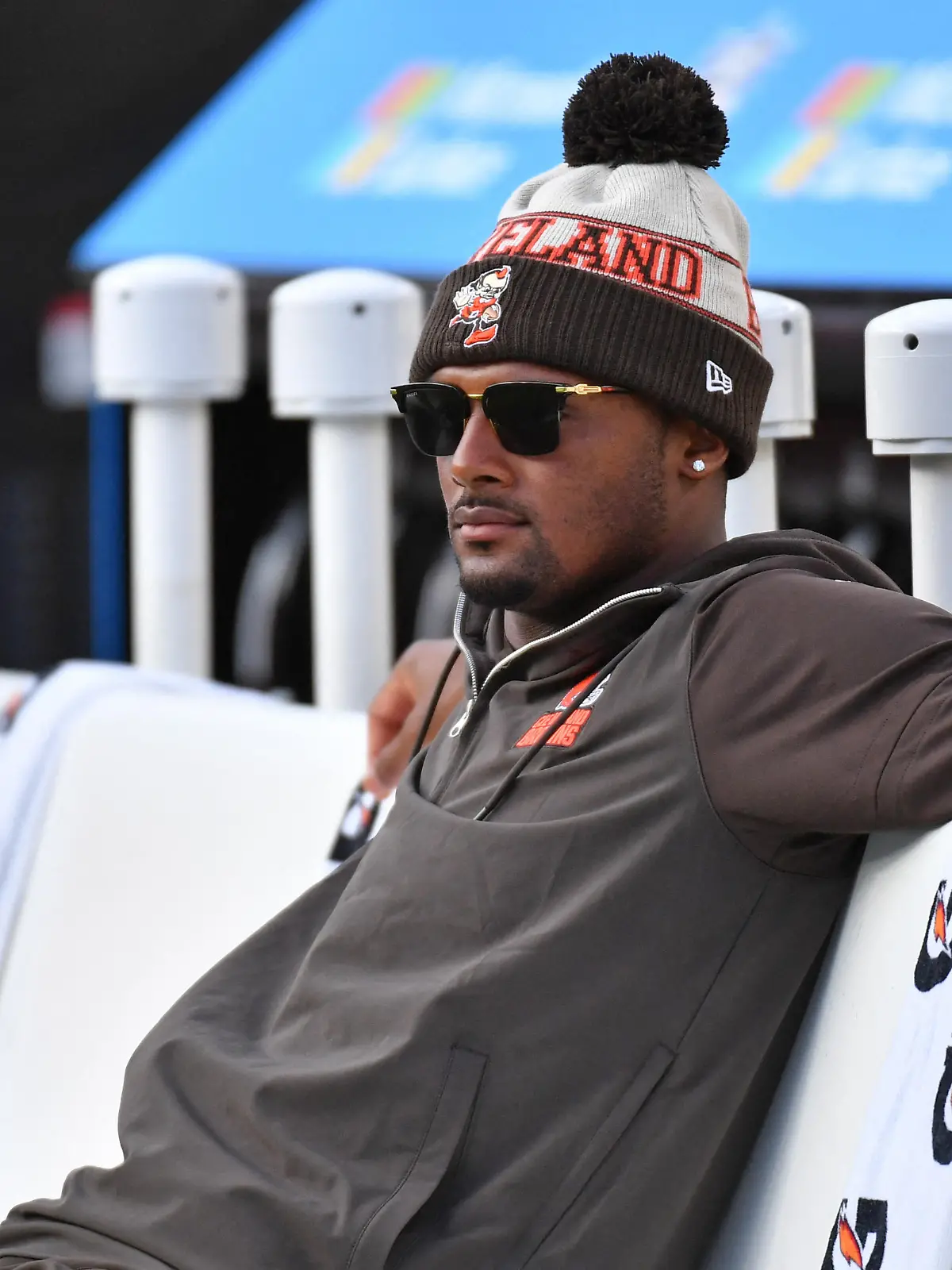Aug 17, 2023; Philadelphia, Pennsylvania, USA; Cleveland Browns quarterback Deshaun Watson (4) on the bench during pregame warmups against the Philadelphia Eagles at Lincoln Financial Field. Mandatory Credit: Eric Hartline-USA TODAY Sports