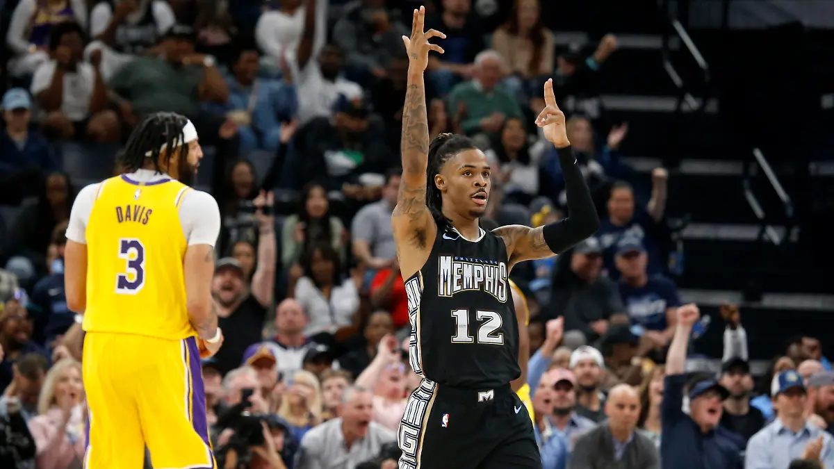 NBA, Basketball Herren, USA Los Angeles Lakers at Memphis Grizzlies Feb 28, 2023 Memphis, Tennessee, USA Memphis Grizzlies guard Ja Morant 12 reacts during the second half against the Los Angeles Lakers at FedExForum. Memphis FedExForum Tennessee USA, EDITORIAL USE ONLY PUBLICATIONxINxGERxSUIxAUTxONLY Copyright: xPetrexThomasx 20230228_jhp_in1_0252