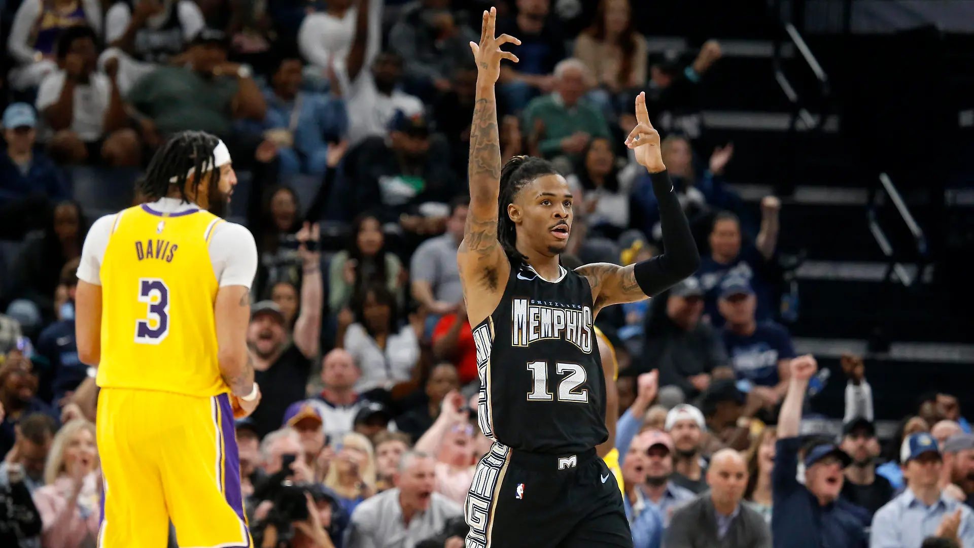 NBA, Basketball Herren, USA Los Angeles Lakers at Memphis Grizzlies Feb 28, 2023 Memphis, Tennessee, USA Memphis Grizzlies guard Ja Morant 12 reacts during the second half against the Los Angeles Lakers at FedExForum. Memphis FedExForum Tennessee USA, EDITORIAL USE ONLY PUBLICATIONxINxGERxSUIxAUTxONLY Copyright: xPetrexThomasx 20230228_jhp_in1_0252