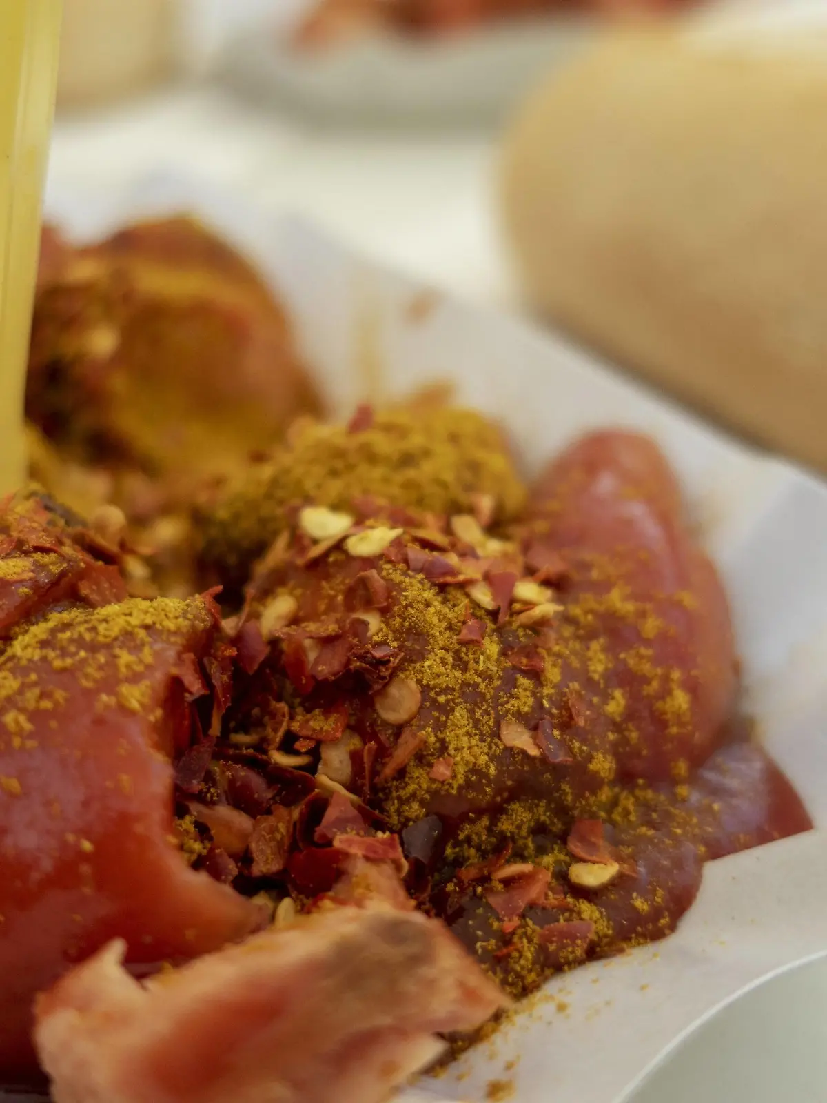 Nahaufnahme von einer Berliner Currywurst - curry sausage *** Close-up of a Berlin Currywurst curry sausage sausage PUBLICATIONxINxGERxSUIxAUTxHUNxONLY 1035304553  