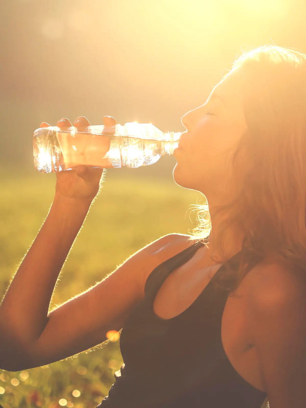 Woman drinking from a water bottle at sunset. About 20 years old Caucasian blonde in sports clothing.