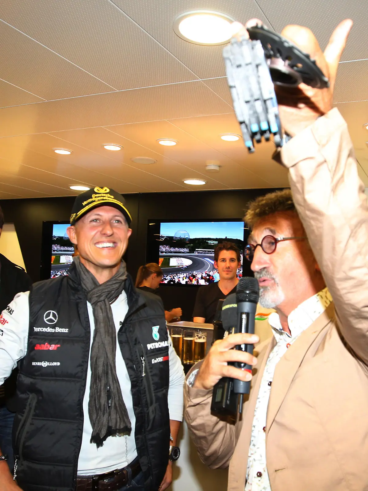 Formula One World Championship, WM, Weltmeisterschaft Rd 12, Belgian Grand Prix, Qualifying Day, Spa-Francorchamps, Belgium, Saturday 27 August 2011. Michael Schumacher GER Mercedes GP and Eddie Jordan IRE BBC Television Pundit at the 20th Anniversary party for Michael Schumacher GER Mercedes GP. Formula One World Championship, Rd 12, Belgian Grand Prix, Qualifying Day, Spa-Francorchamps, Belgium, Saturday 27 August 2011. PUBLICATIONxINxGERxSUIxAUTxHUNxONLY d11bel1111