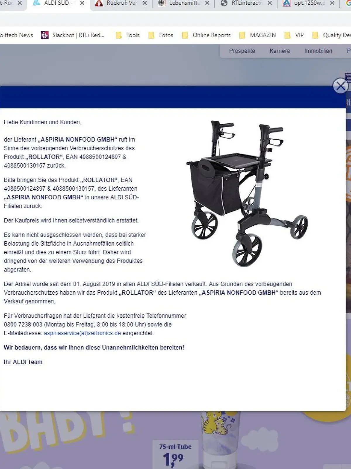 Rollator der Firma "Aspiria Nonfood GmbH"