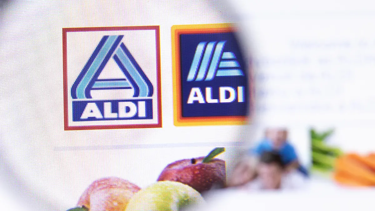 Los Angeles, California, USA - 25 February 2020: Aldi website homepage icon. Aldi.com logo visible on display screen, Illustrative Editorial.