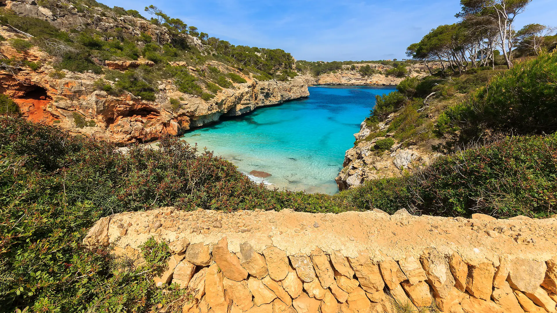 View of Cala des Moro beach and its azure blue water, Majorca island, Spain