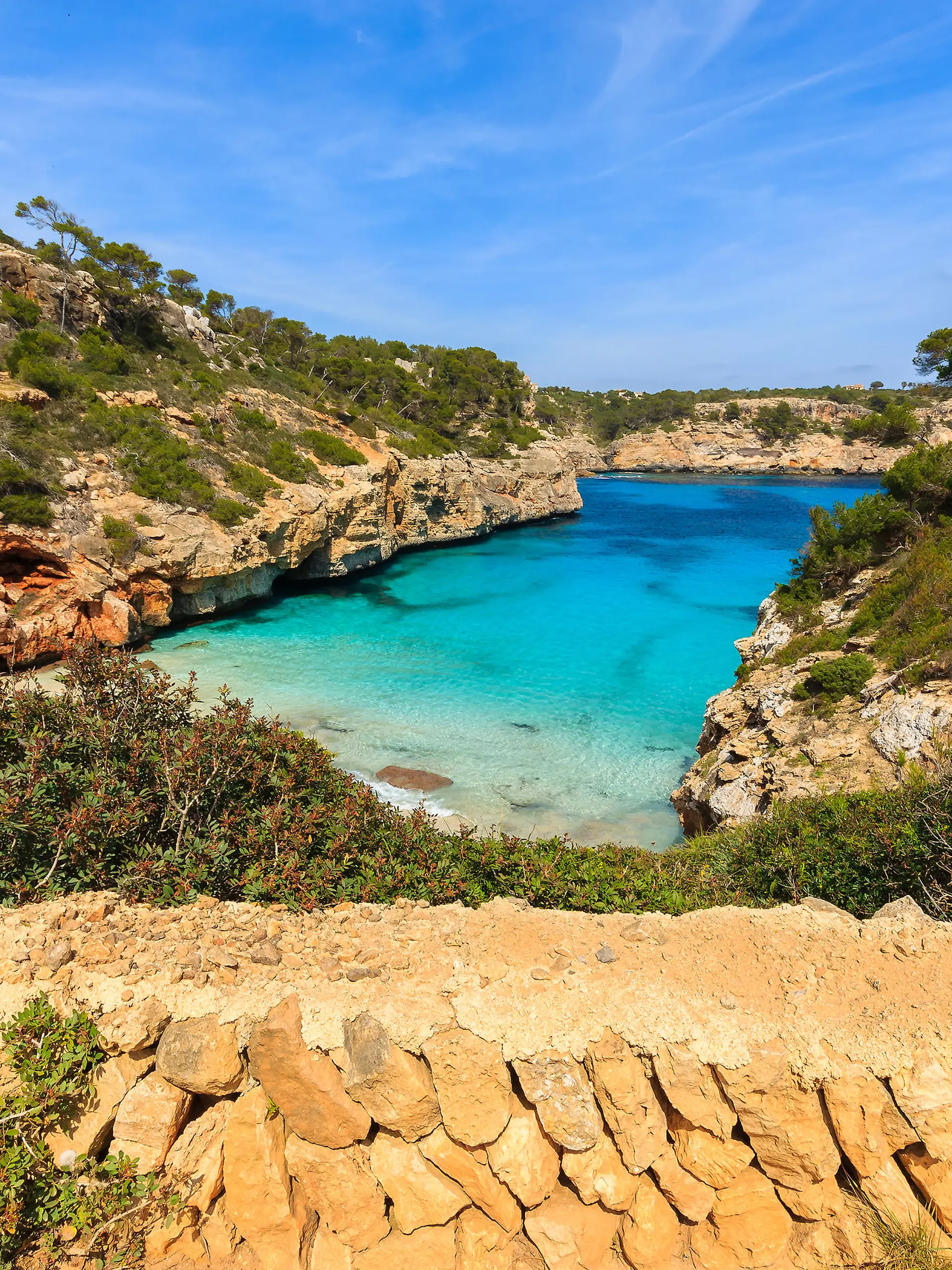 View of Cala des Moro beach and its azure blue water, Majorca island, Spain