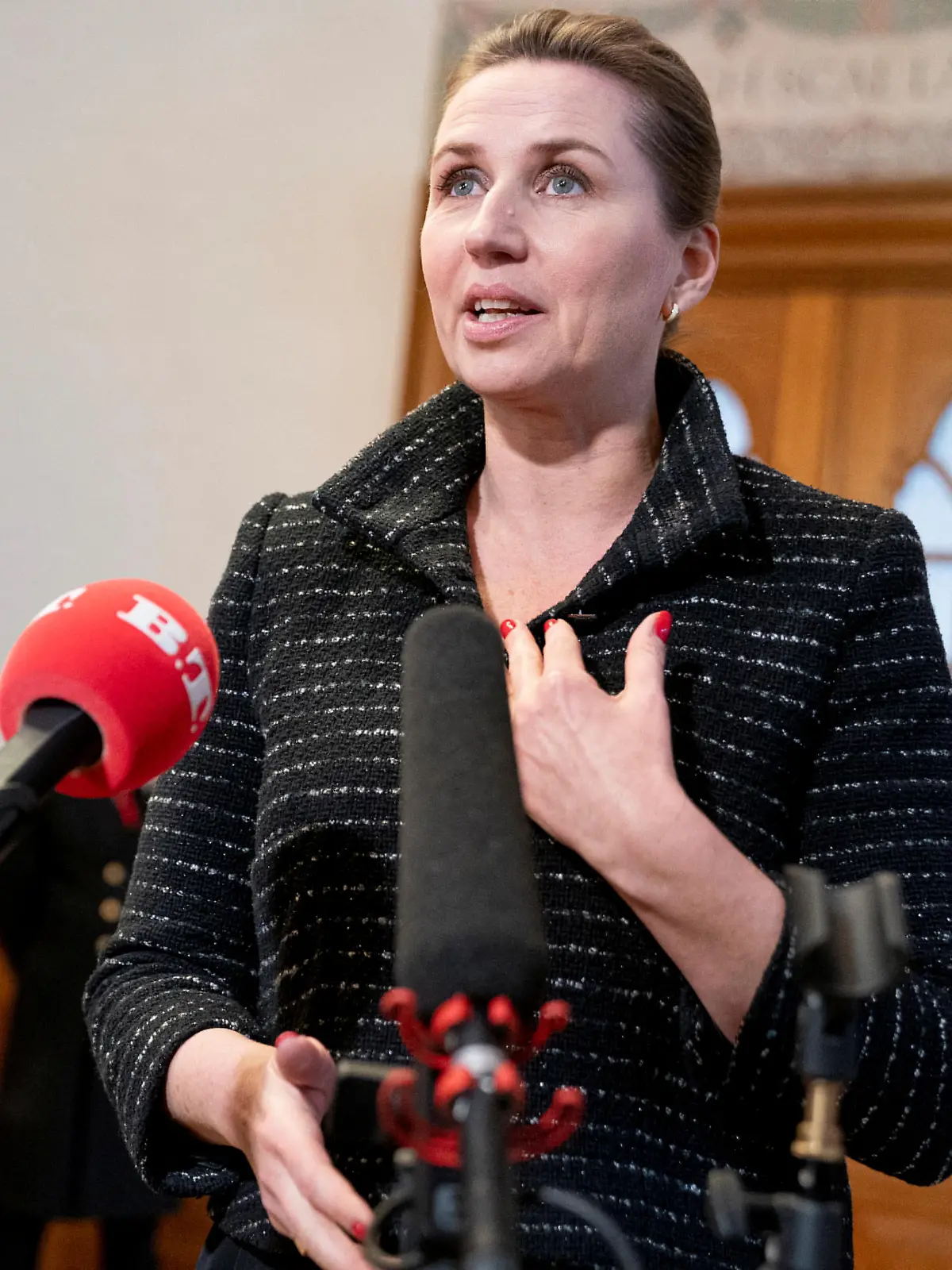 Danish Prime Minister Mette Frederiksen speaks after a meeting in Folketinget at Christiansborg in Copenhagen, Denmark,  February 28, 2023. Liselotte Sabroe/Ritzau Scanpix/via REUTERS    ATTENTION EDITORS - THIS IMAGE WAS PROVIDED BY A THIRD PARTY. DENMARK OUT. NO COMMERCIAL OR EDITORIAL SALES IN DENMARK.