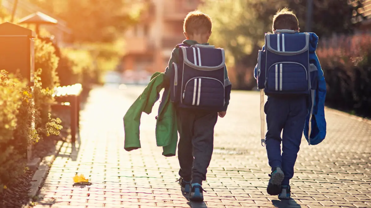 Two little boys wearing blue backpacks or schoolbags walking in residential area walkway. Little brothers are either going to school in the morning or returning from school in the evening.