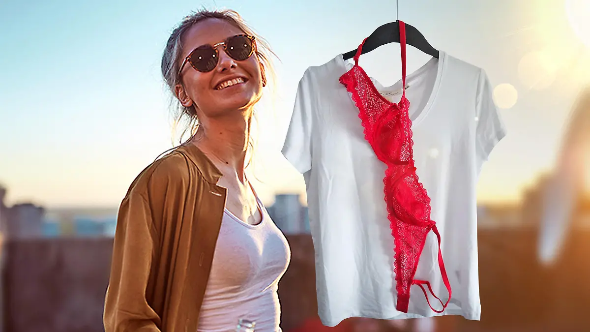 Frau mit rotem BH und weißem T-Shirt