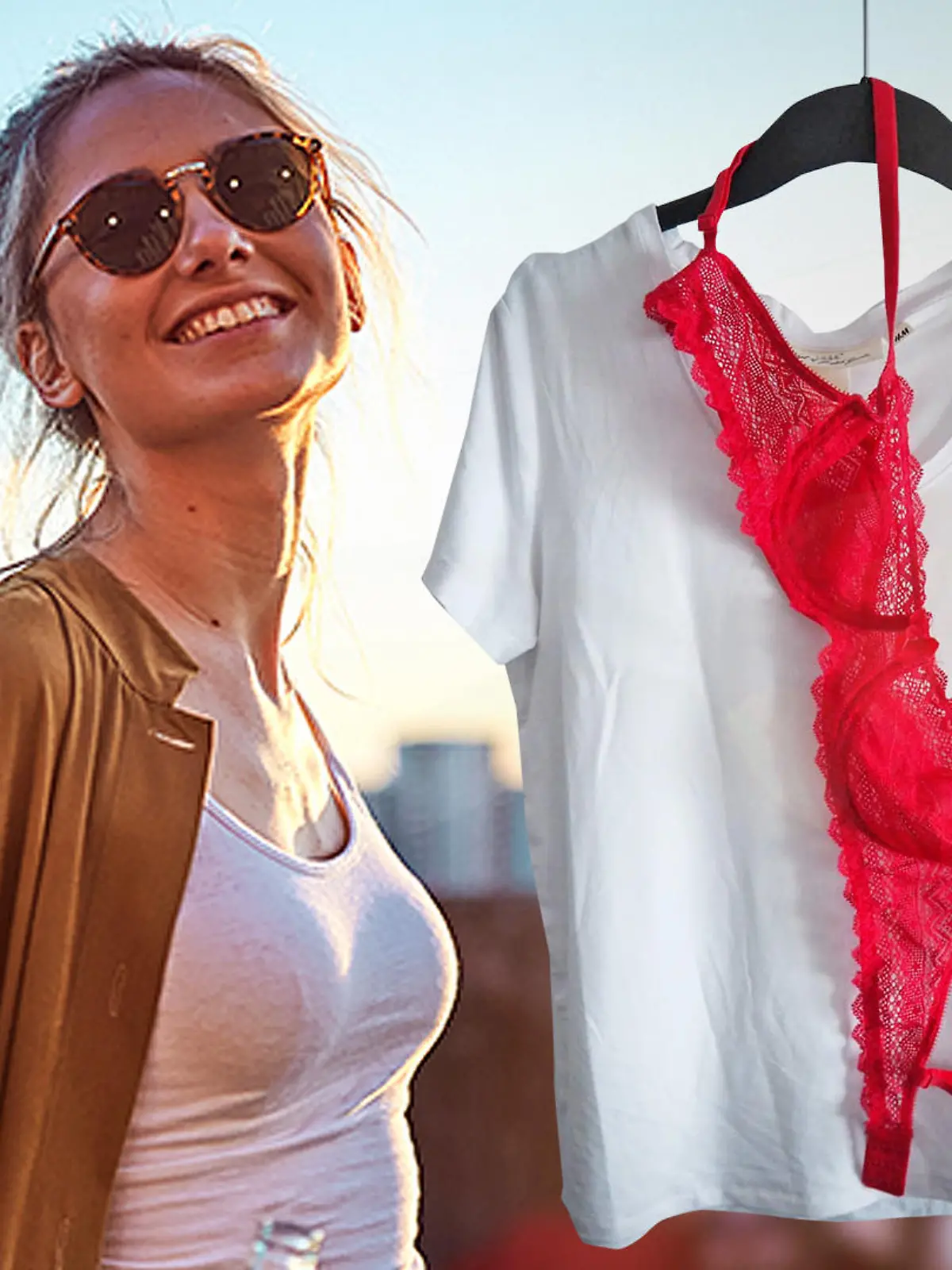 Frau mit rotem BH und weißem T-Shirt