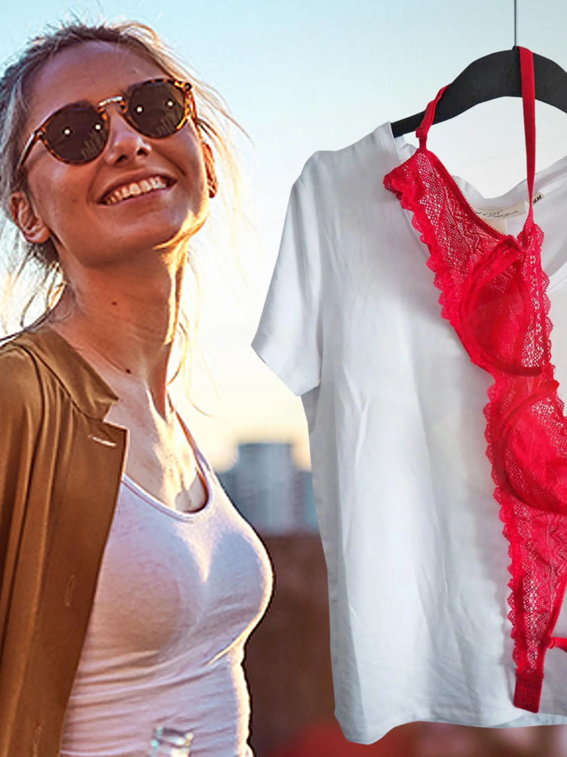 Frau mit rotem BH und weißem T-Shirt