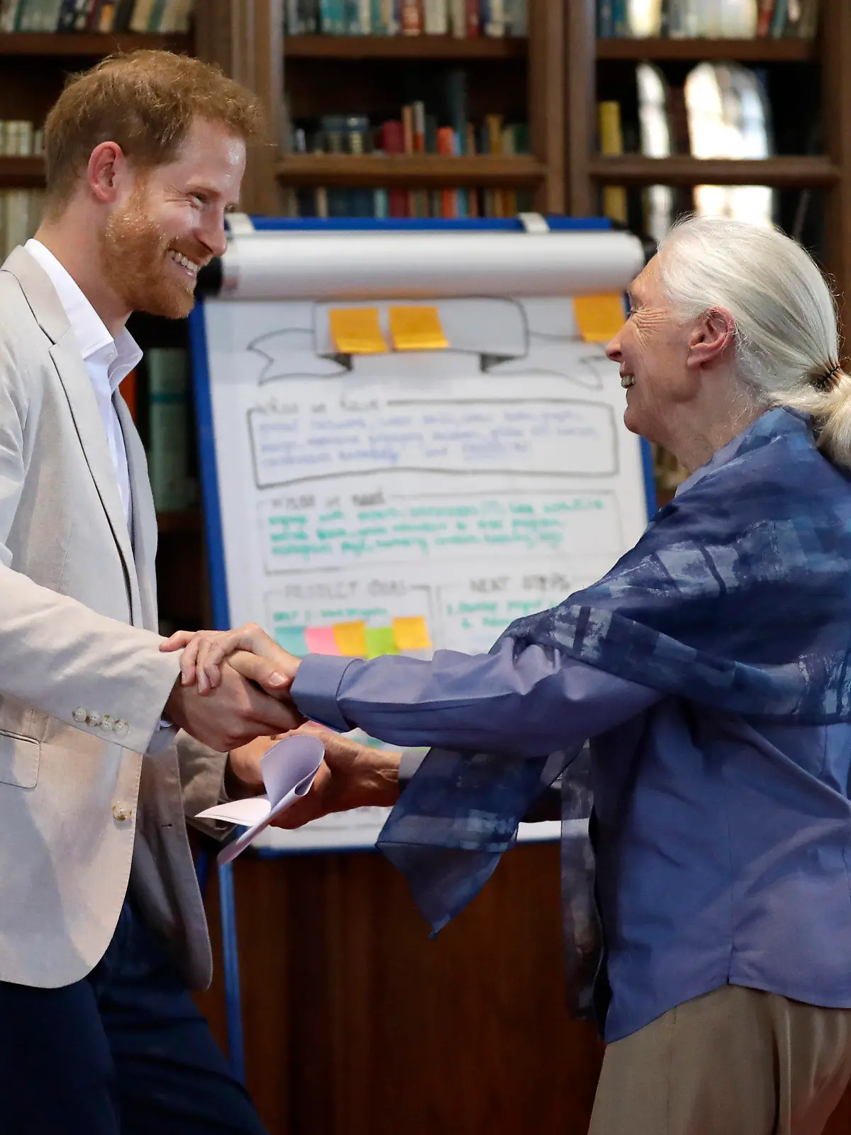 23.07.2019, Großbritannien, Windsor: Der britische Prinz Harry tanzt während des «Dr. Jane Goodalls Roots & Shoots Global Leadership Meeting» im St. George's House in Windsor Castle mit Jane Goodall, Verhaltensforscherin aus Großbritannien.  «Roots & Shoots» ist ein globales Programm, das bei jungen Menschen Interesse für Menschen, Tiere und die Umwelt  wecken soll. Foto: Kirsty Wigglesworth/AP POOL/dpa +++ dpa-Bildfunk +++