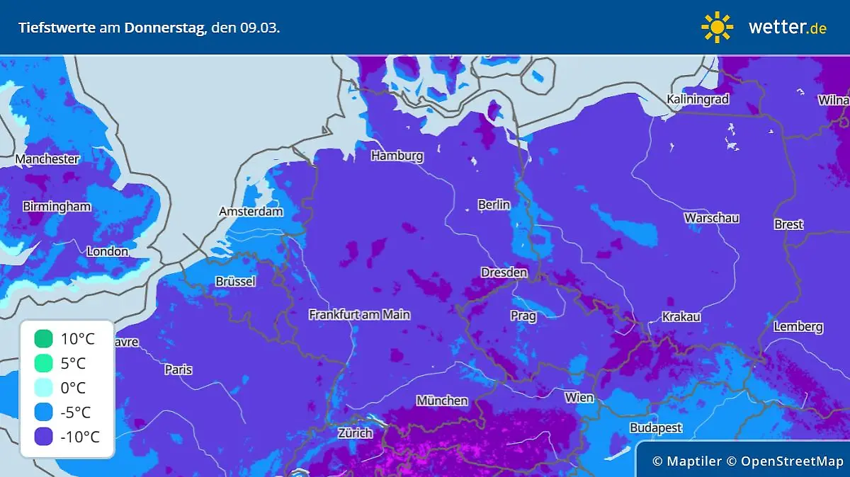 Prognose und Vorhersage der Tiefstwerte in der Nacht zum 9. März 2023