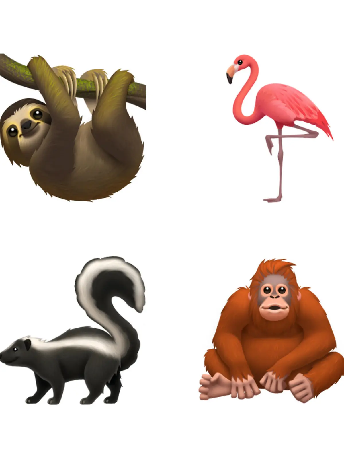 Faultier-Emoji, Flamingo-Emoji, Stinktier-Emoji, Orang-Utan-Emoji