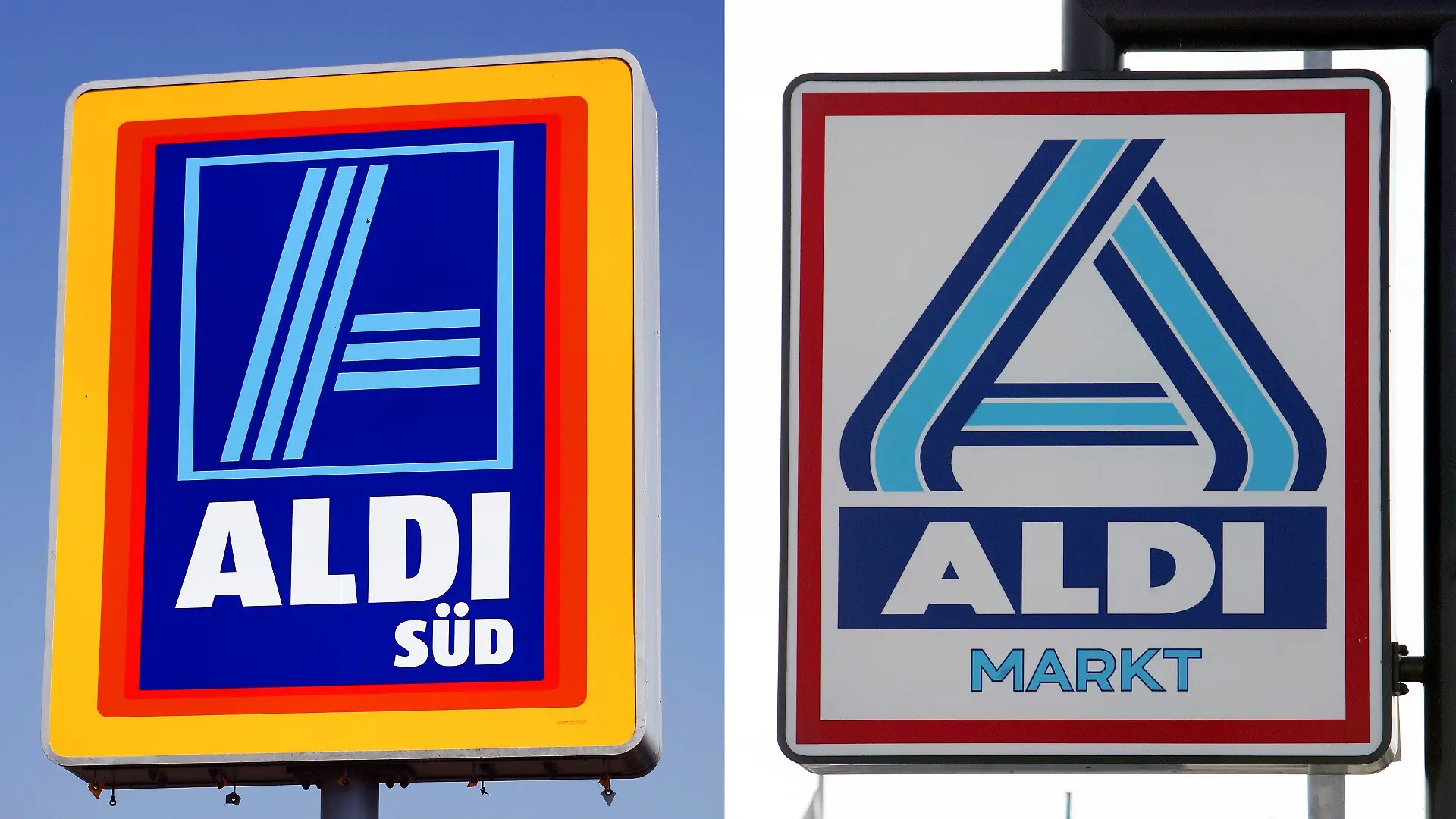 ARCHIV - Die Kombo zeigt die Schilder von Aldi Süd und Aldi Nord (Archivbilder). Die «Pfennigfuchser» Karl und Theo Albrecht, Gründer des Lebensmittel-Discounters Aldi, sind nahezu ungeschoren durch Wirtschafts- und Finanzkrise gekommen. Die Brüder sind nach Recherchen des «manager magazins» auch 2009 die reichsten Deutschen. Ihr Vermögen wird auf 17,35 beziehungsweise 16,75 Milliarden Euro geschätzt. Das sind nur rund 200 und 300 Millionen Euro weniger als bei der Schätzung 2008. Fotos: Wolfram Steinberg/Peter Förster (zu dpa 0310 vom 06.10.2009) +++(c) dpa - Bildfunk+++