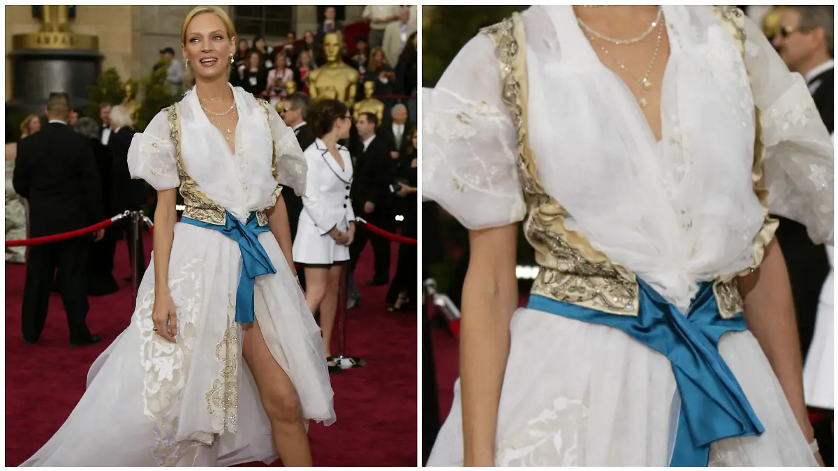 Die Schauspielerin Uma Thurman, die ein Kleid von Christian LaCroix trägt, kommt zur 76. jährlichen Oscar-Verleihung in Los Angeles, Kalifornien. Sonntag, 29. Februar 2004