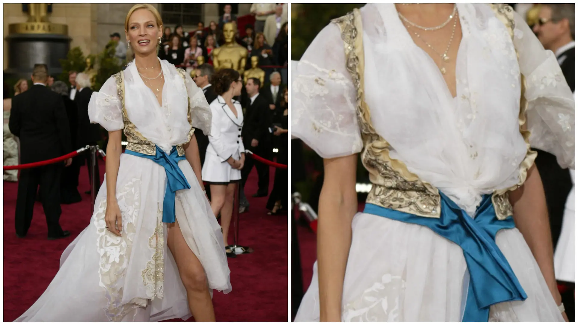 Die Schauspielerin Uma Thurman, die ein Kleid von Christian LaCroix trägt, kommt zur 76. jährlichen Oscar-Verleihung in Los Angeles, Kalifornien. Sonntag, 29. Februar 2004