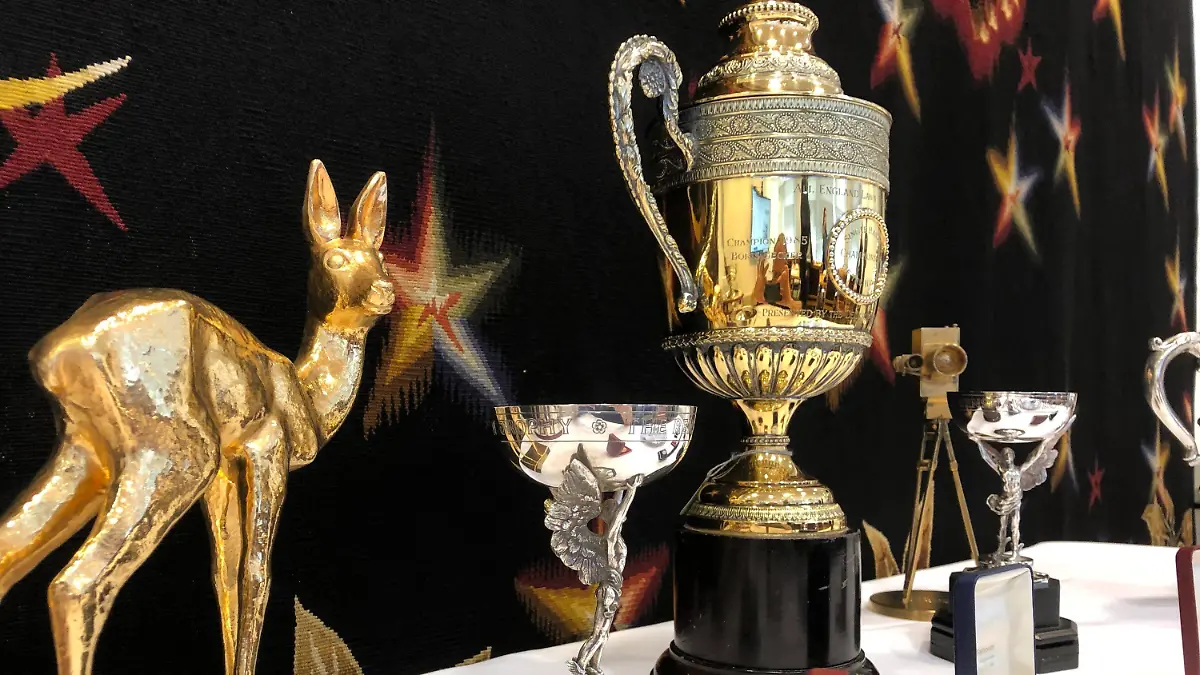 08.07.2019, Großbritannien, London: Ein Bambi, zwei Renshaw-Trophäen, die Nachbildung eines Wimbledon-Pokals und die Goldene Kamera aus dem Jahr 1989 der deutschen Sportlegende Boris Becker sind während einer Online-Auktion zu sehen. Bis Donnerstag, 11. Juli 2019 können noch Gebote für die rund 80 Gegenstände aus Beckers Privatbesitz abgegeben werden, darunter Trophäen, Preise, Uhren und sogar ein Paar Trainingssocken. Foto: Christoph Meyer/dpa +++ dpa-Bildfunk +++