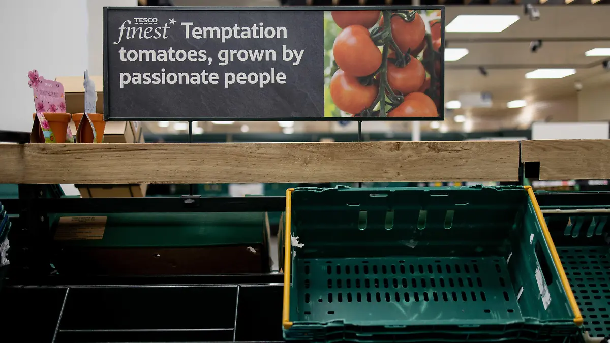 22.02.2023, Großbritannien, London: In einem Tesco-Supermarkt hängt ein Schild an den Regalen, das die Kunden an die geltenden Einkaufsbeschränkungen erinnert. Supermärkte in ganz Großbritannien haben derzeit Schwierigkeiten, die Versorgung mit frischem Gemüse und Obst wie Tomaten, Paprika und Gurken aufrechtzuerhalten, da das Wetter in Südeuropa sehr schlecht ist. Supermarktketten, darunter Aldi und Tesco, haben Rationierungen und Kaufbeschränkungen für bestimmte Obst- und Gemüsesorten angekündigt. Foto: Hesther Ng/SOPA Images via ZUMA Press Wire/dpa +++ dpa-Bildfunk +++