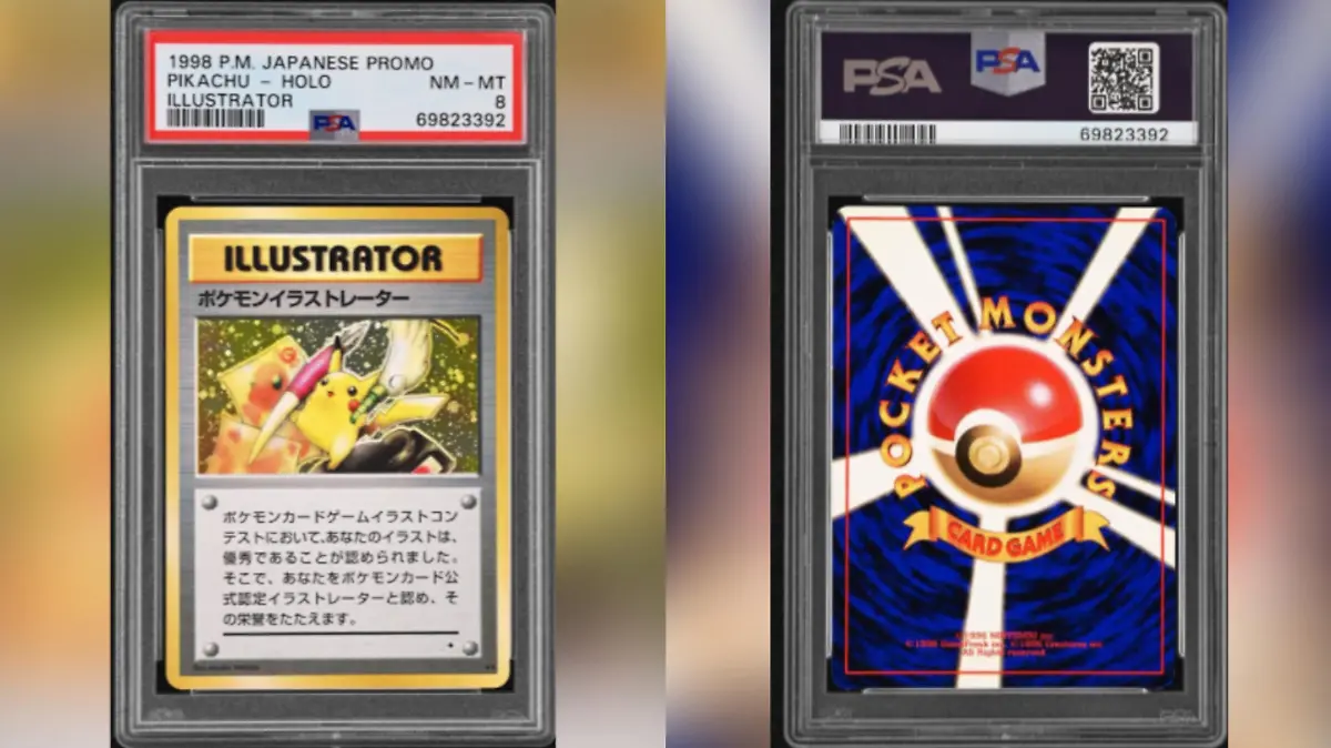 Die Vorder- und Rückseite von einer Pokémon Karte. Es handelt sich um die Karte "Pikachu Illustrater"