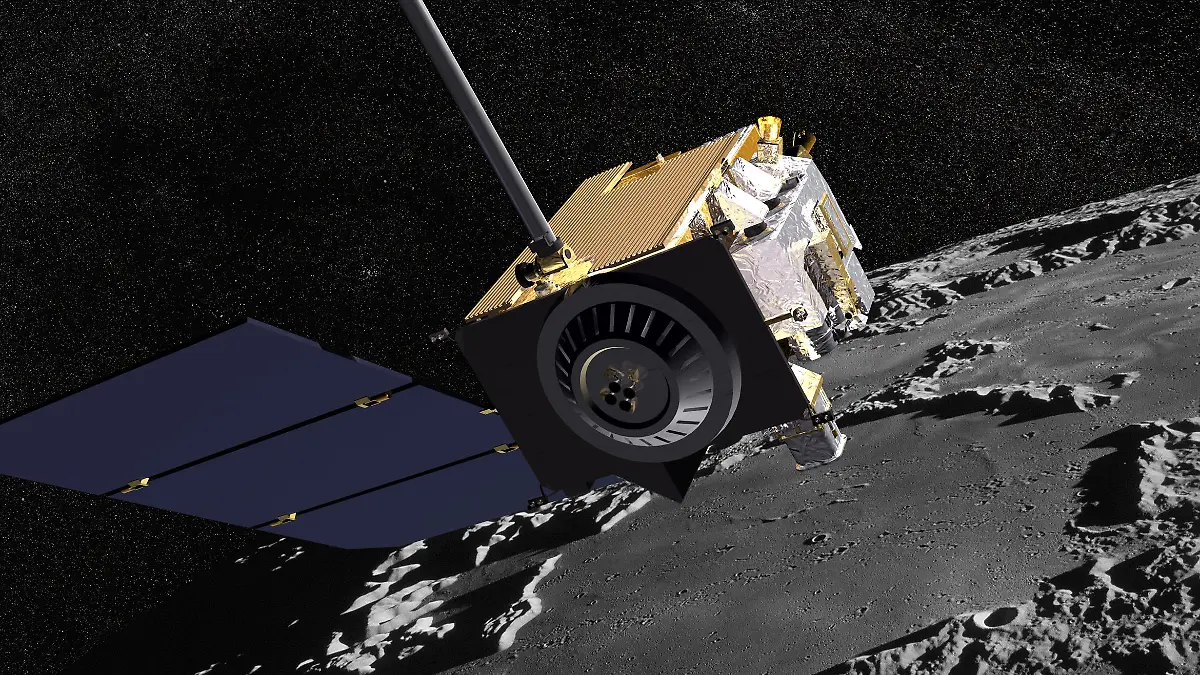 Undatiertes Computerbild zeigt den Lunar Reconnaissance Orbiter (LRO) mit einem Hintergrund, der aus dem Bildmaterial der Apollo-Mission gestaltet wurde.