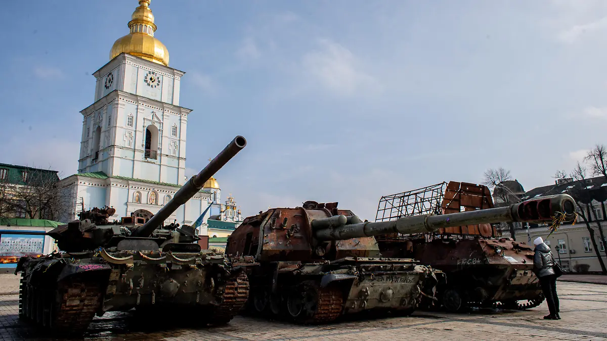 Destroyed Russian tanks installed as a symbol of war in front of St Michael cathedral, in central Kyiv, Ukraine, February 25, 2023. (CTK Photo/Vladimir Prycek)