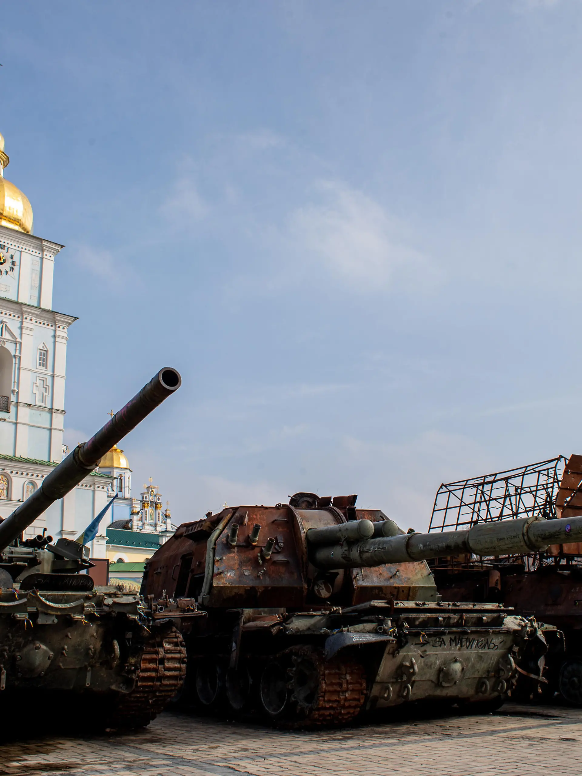 Destroyed Russian tanks installed as a symbol of war in front of St Michael cathedral, in central Kyiv, Ukraine, February 25, 2023. (CTK Photo/Vladimir Prycek)