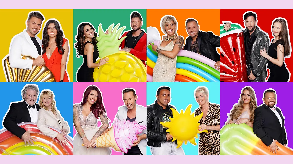 V.l.: Yeliz Koc und Johannes Haller, Elena Miras und Mike Heiter, Jasmin und Willi Herren, Laura Müller und Michael Wendler (oben), Jessika Cardinahl und Quentin Parker, Kate Merlan und Benjamin Boyce, Steffi und Roland Bartsch und Senay Ak und Menowin Fröhlich (unten)