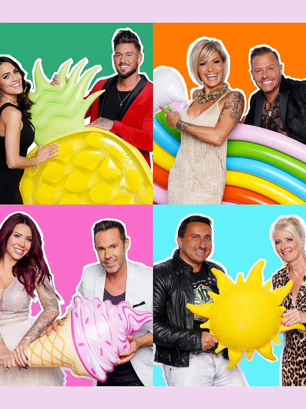 V.l.: Yeliz Koc und Johannes Haller, Elena Miras und Mike Heiter, Jasmin und Willi Herren, Laura Müller und Michael Wendler (oben), Jessika Cardinahl und Quentin Parker, Kate Merlan und Benjamin Boyce, Steffi und Roland Bartsch und Senay Ak und Menowin Fröhlich (unten)