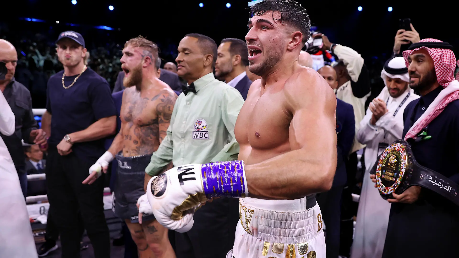 RIYADH, SAUDI ARABIA - FEBRUARY 26: Tommy Fury celebrates as the result declares them the victor as Jake Paul looks dejected after the Cruiserweight Title fight between Jake Paul and Tommy Fury at the Diriyah Arena on February 26, 2023 in Riyadh, Saudi Arabia. (Photo by Francois Nel/Getty Images)
