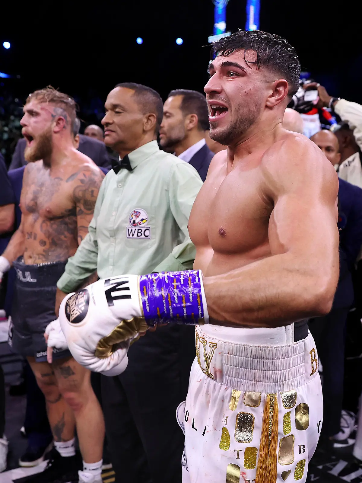RIYADH, SAUDI ARABIA - FEBRUARY 26: Tommy Fury celebrates as the result declares them the victor as Jake Paul looks dejected after the Cruiserweight Title fight between Jake Paul and Tommy Fury at the Diriyah Arena on February 26, 2023 in Riyadh, Saudi Arabia. (Photo by Francois Nel/Getty Images)