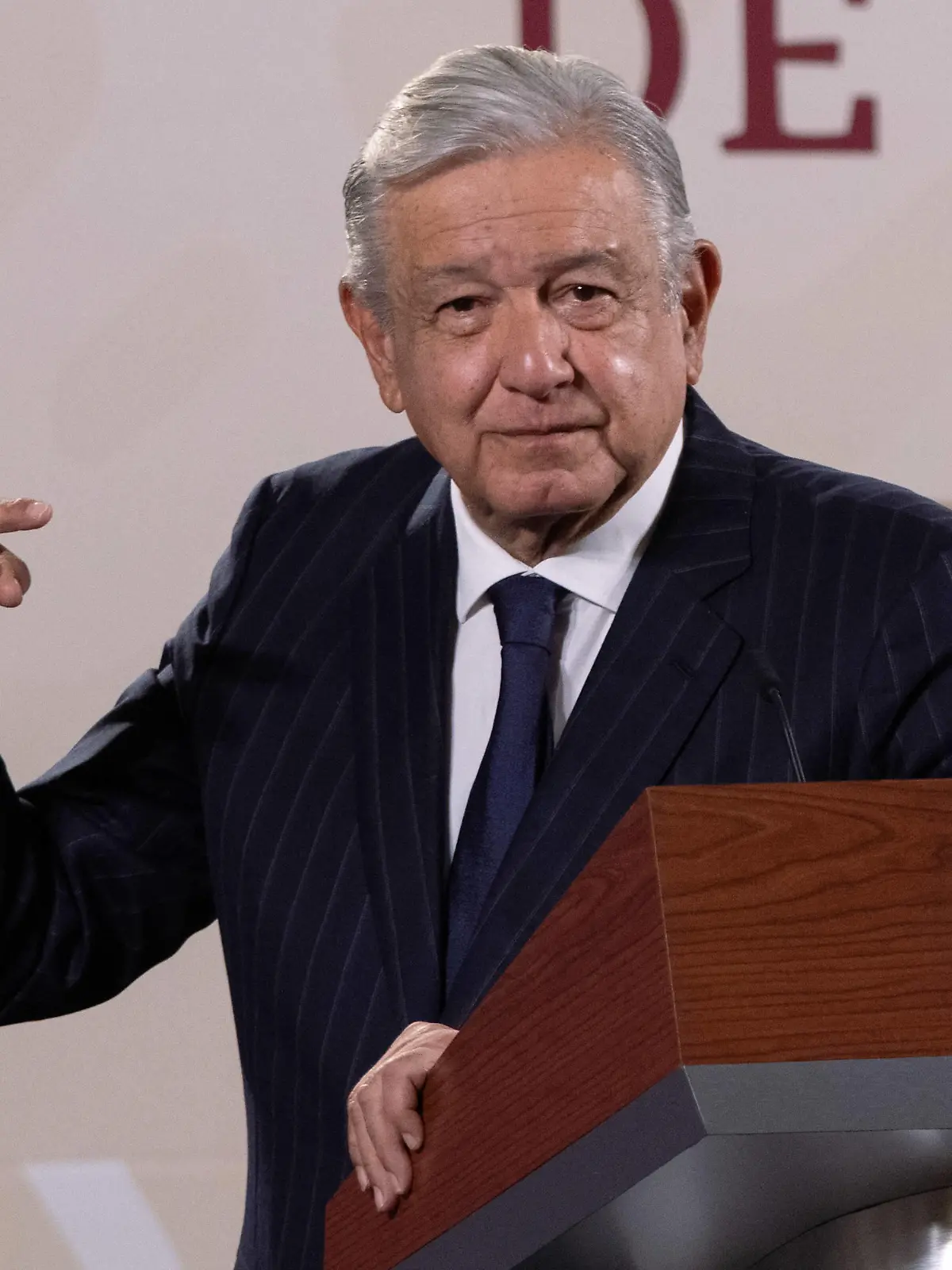 Mexican President, Lopez Obrador Morning Briefing Conference February 23, 2023. Mexico City, Mexico. Mexico s President, Andres Manuel Lopez Obrador, gestuculates during his daily press conference at Treasury Hall of the National Palace. During his act, Lopez Obrador, response questions from media. On February 23, 2023 in Mexico City. Photo by Alex Dalton/ Eyepix Group Copyright: xAlexxDaltonx/xEyepixxGroupx AD_230220231