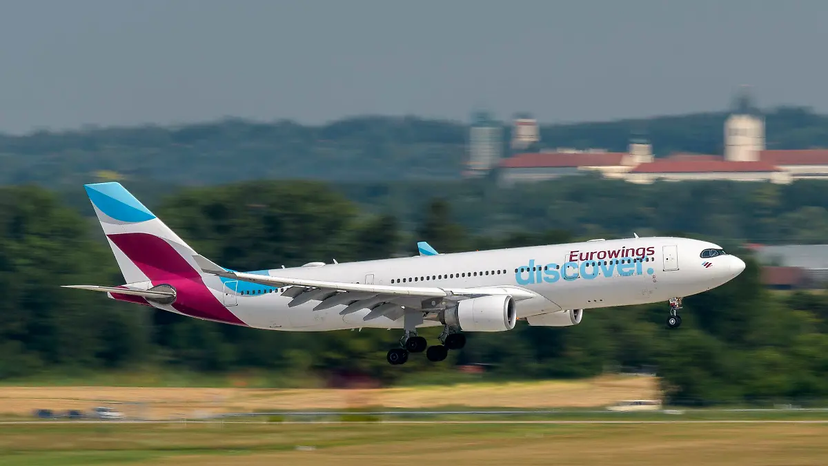 Eurowings Discover Airbus A330-203 With The Aircraft Registration D-AXGB On Approach To The Northern Runway 08L Of The Munich Airport MUC EDDM