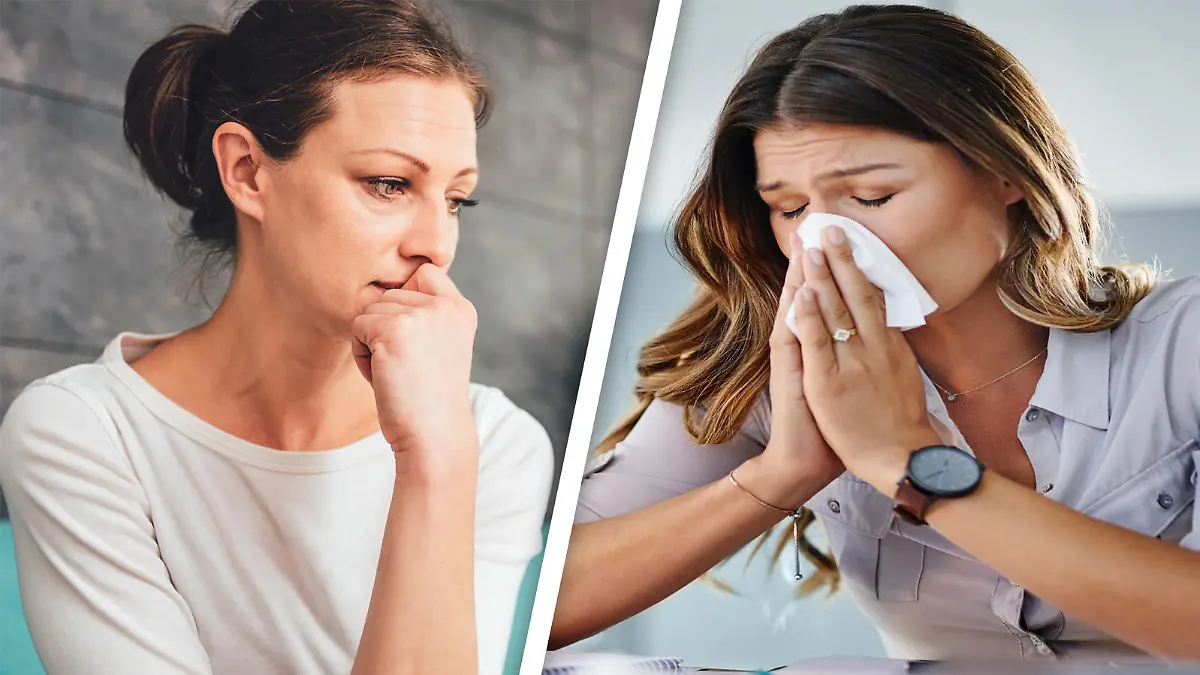 Depressive traurige Frau und allergische Frau