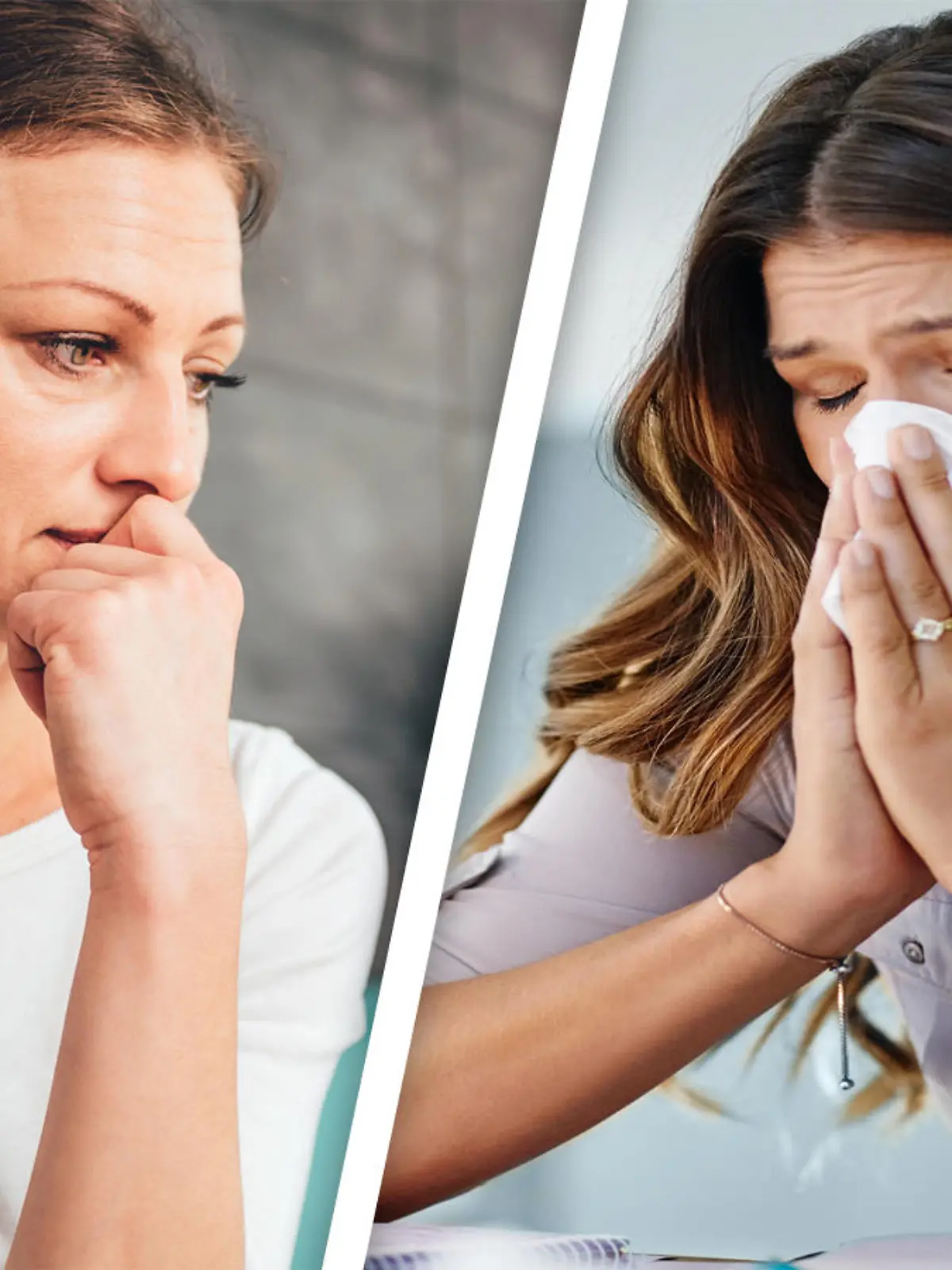 Depressive traurige Frau und allergische Frau