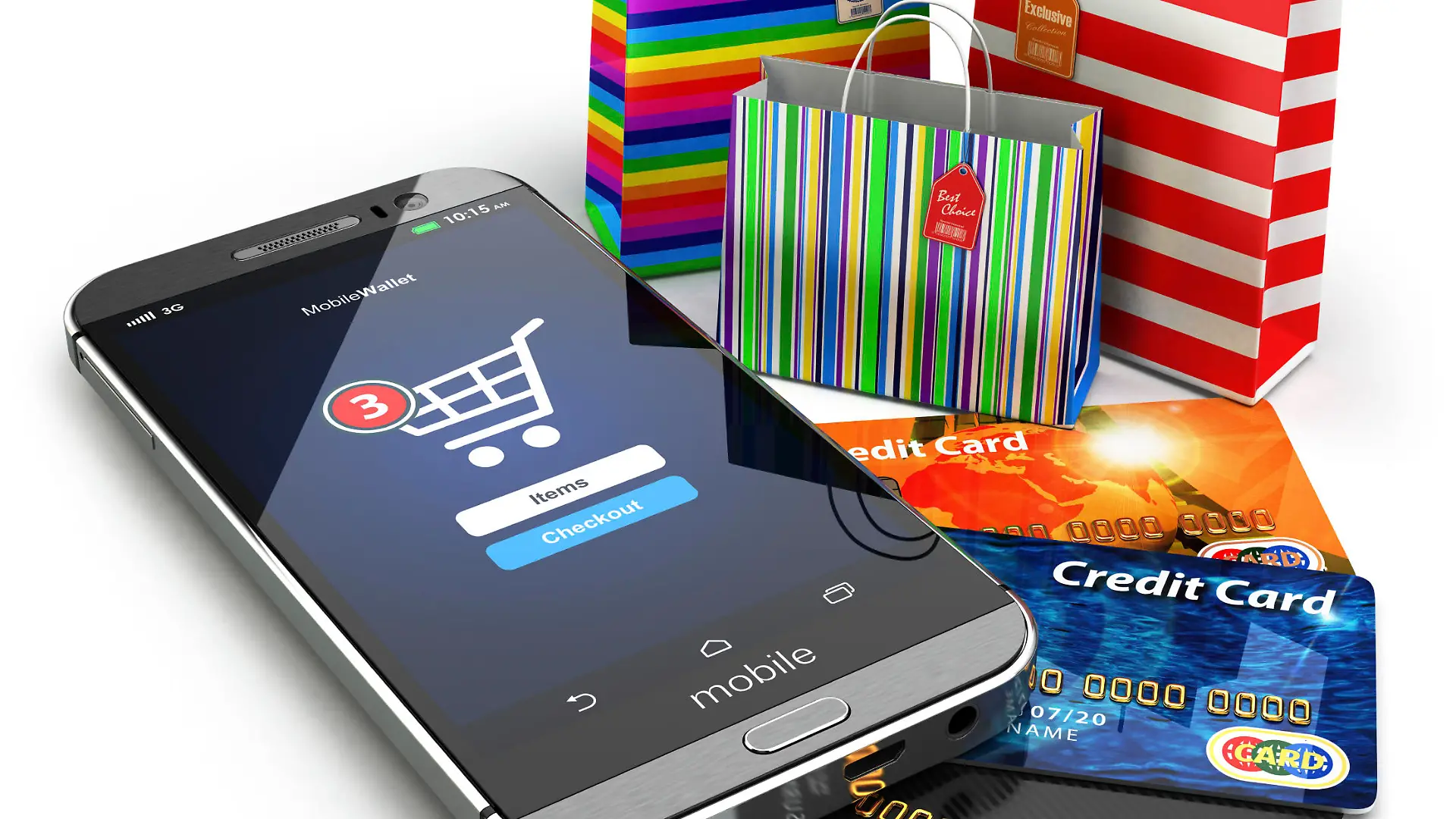 E-commerce. Online internet shopping. Mobile phone, shopping bags and credirt cards. 3d